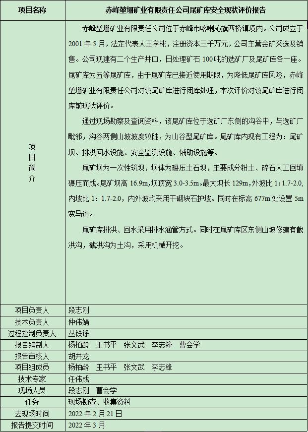 赤峰堃堋礦業(yè)有限責任公司尾礦庫安全現狀評價報告